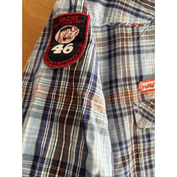 Just A Cheap Shirt Mens XXL Blue Orange Plaid Short‎ Sleeve Pearl Snap Patches - Picture 4 of 7